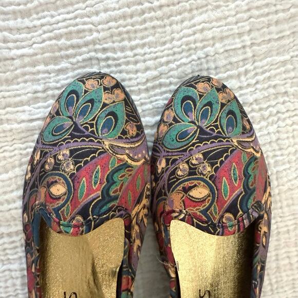 Vintage 80s 90s Ballet Flats Size 7 Canvas Fabric Paisley Jewel Gold New - Picture 7 of 10